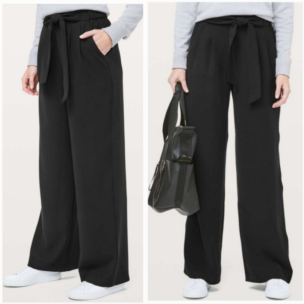 Lululemon Noir Pants Self-Tie‎ Elasticated High Rise Wide Leg Pants Size 4